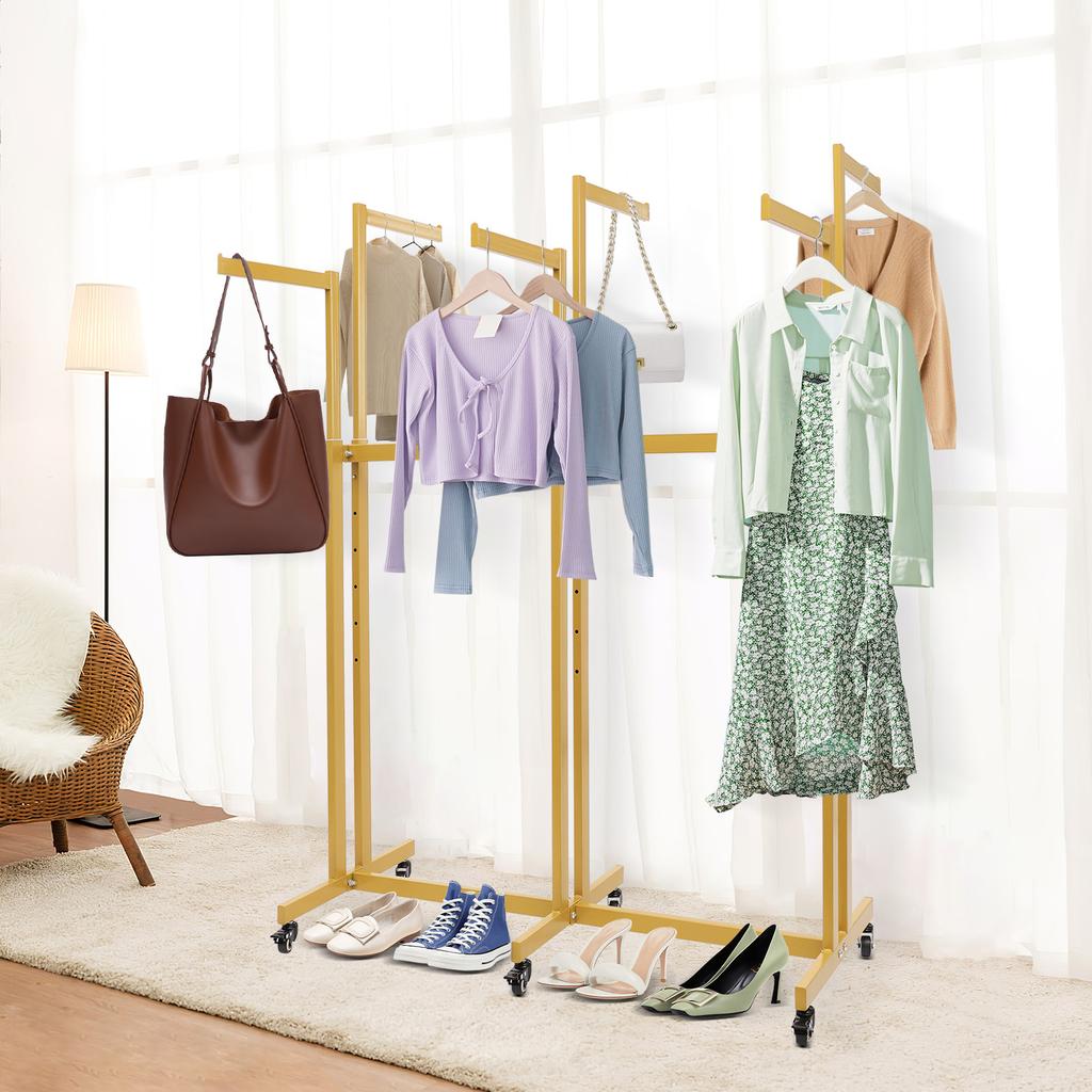 6-Arm Gold Iron Clothing Display Rack, Garment Retail Rack with Smooth Rolling Wheels,Adjustable Height Shirt Display Rack