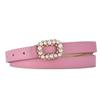 Pearl-Inlaid Ladies' Thin Waistband Fashionable Leather Belt with Decorative Plate Buckle
