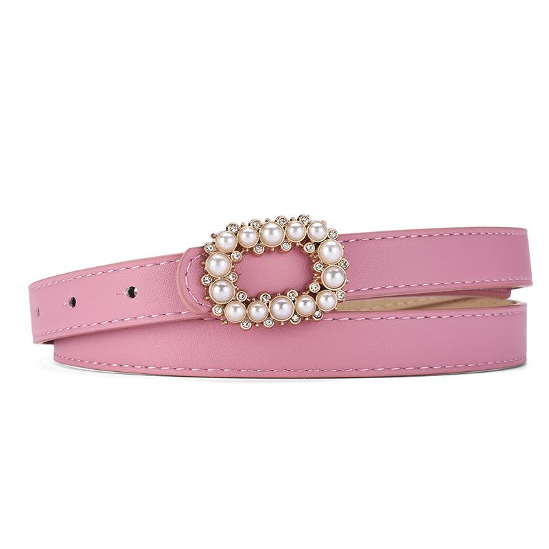 Pearl-Inlaid Ladies' Thin Waistband Fashionable Leather Belt with Decorative Plate Buckle