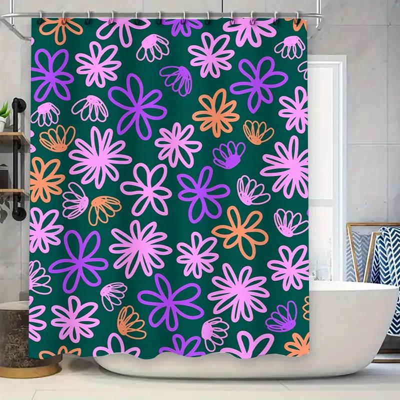 Lebendiger Blumiger Duschvorhang Perfekte Deko für Moderne Badezimmer Grün Lila Blumenmuster Wasserdichte Duschplane Einfache Installation
