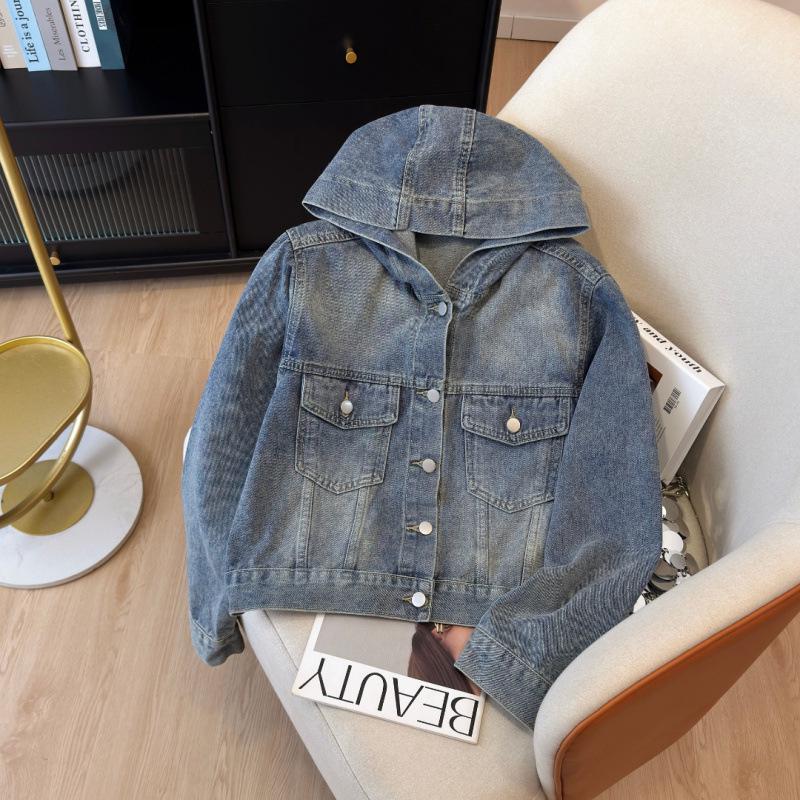 Damen Jeansjacke: High-End Strukturelles Design, Kurz-, Langarm, Baseball-Hoodie-Stil