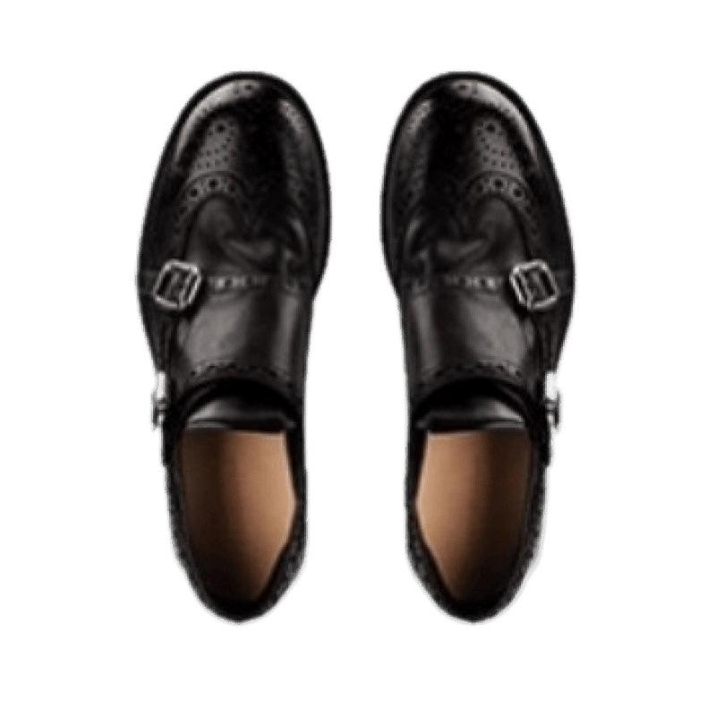 Shoe Shrinkage Horse Leather Carved Double Button Round Head Thick Heel Small Leather Shoes Women