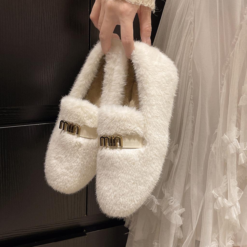 thick-soled fluffy shoes for women to wear in winter, lazy wind shoes, Korean version of one-pedal velvet warm cotton shoes, foreign style Doudou shoe