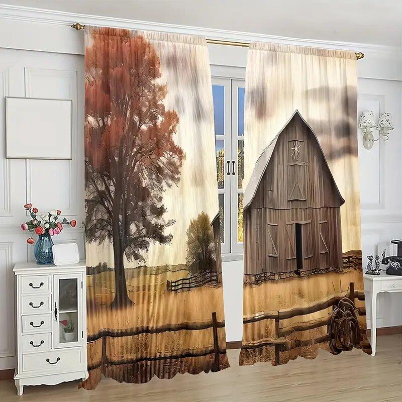 Set Of 2 Curtains Window Decorations Rural Tree Barn Pattern Prints Home Room Curtain Polyester