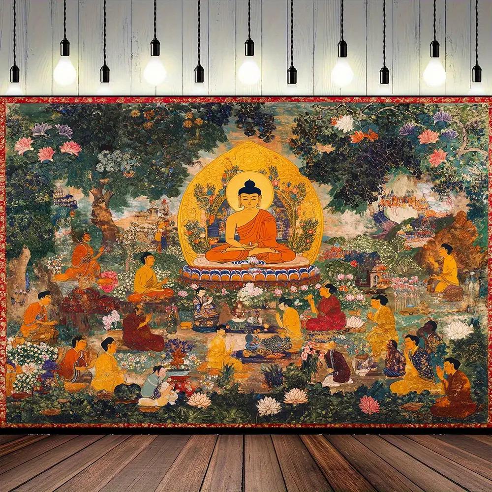 

VIKAMA Buddhas Preaching Thangka Tapestry Lotus Garden Scene Wall Hanging For Prayer Room Tea Room Living Room Decor Cultural 74x94cm(29x37in)