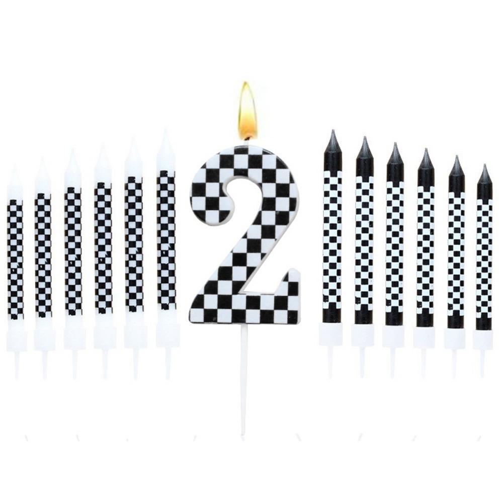 1/6/12/13 Pcs Racing Cars Themed Birthday Candles Black and White Race Number Checkered Candle Cake Topper for Racing Car Party