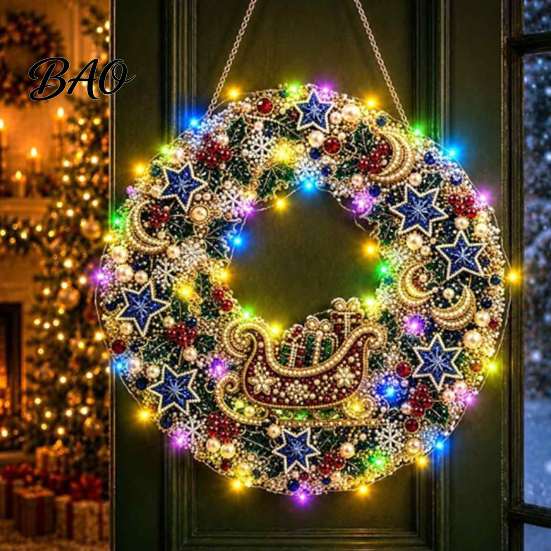 Seasonal Holiday Crafting Set Christmas Diamond Painting Wreath Kit with LED String Lights, Snowman Pearl Art Shiny Acrylic Craft for Adults,