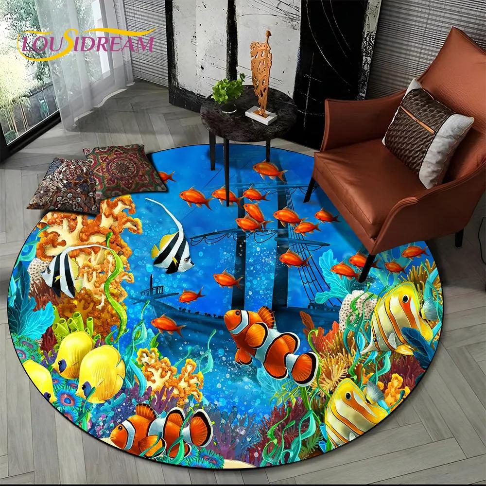 3D Seabed Underwater World Dolphin Turtle Round Area Rug,Carpet for Living Room Bedroom Sofa Playroom Decor,Non-slip Floor Mat