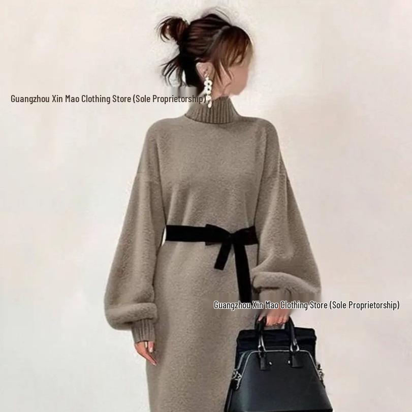 Korean Style High Collar Mid-Length Cashmere Knit Loose Wool Dress for Women