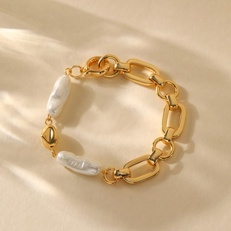 Gold Plated Chunky Paperclip Baroque Pearl Mixed Link Bracelet