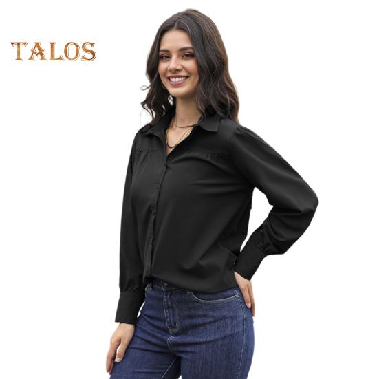 Women Shirt Lapel Puff Long Sleeve Solid Color Single-Breasted Shirt Tops Loose Fit Casual Tops Work Daily Wear