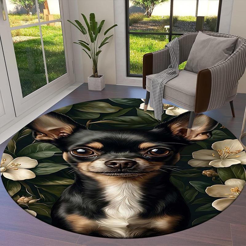 1PC Chihuahua Flowers Non-Slip Floor Round carpet, Office, family, bedroom, Large Area Rug Indoor Rugs, Durable PolyesterH0402
