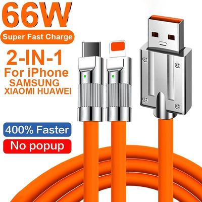 Zinc Alloy 2 In 1 Liquid Silicone 66W Fast Charging Cable For Samsung OPPO Xiaomi Charging Cable PD 66W Charge Cable For IPhone 14ro Max
