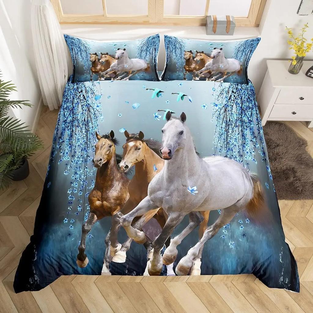 Pferde-Bettwäsche-Set für Mädchen Rustikales Bauernhofpferd Bettbezug Queen Rosa Kirschblüten-Deckenbezug Farbverlauf-Tagesdecke