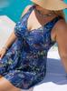 European & American Plus Size Tankini Two-Piece - Fat-Reducing Swim Skirt with Drawstring and Printed Briefs (Dark Blue).