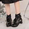 Size 28-43 Girls Boots Women Lace Up Square Heel Platform Ankle Boots Sweet Bow Ruffles Girls Princess Cosplay Pink Lolita Shoes