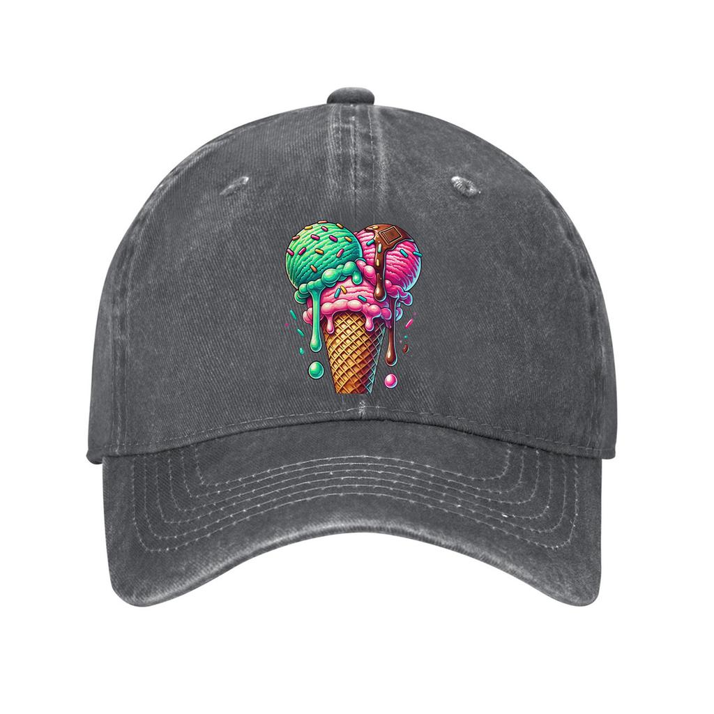 Ice Cream Cone Print Cotton Baseball Cap Adjustable Distressed Denim Casual Dad Hat for Unisex