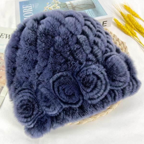 

Женские зимние шапки Натуральный мех Цветочный Натуральный рекс кролик Пушистые Теплые Модные Стильные Вязаные Уличные Головные уборы One Size синий