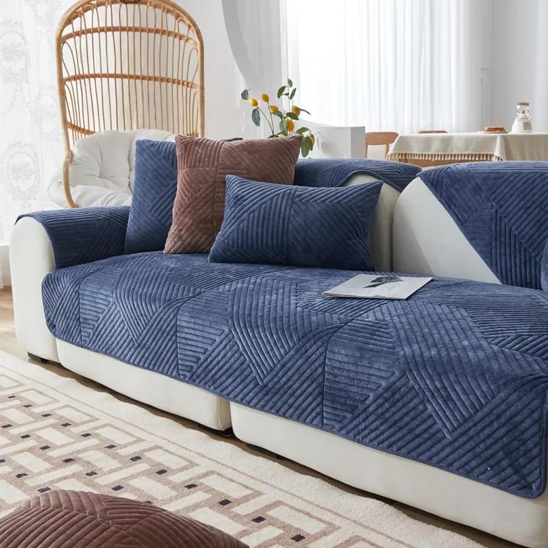 Tykk plysj Sofatrekk Geometriske Striper Sofa Håndkle Anti-skli Kombinasjon Sofa Pute Sliptrekk for stuebeskyttelse