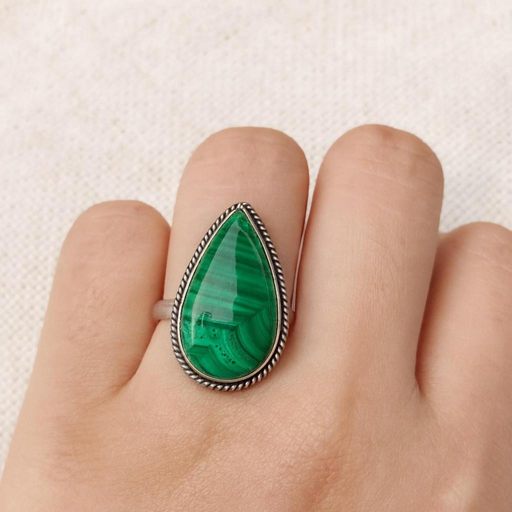 Malachite Ring, 925 Sterling Silver, Handmade Pear Cut Large Stone Ring, Bohemian Style Jewelry