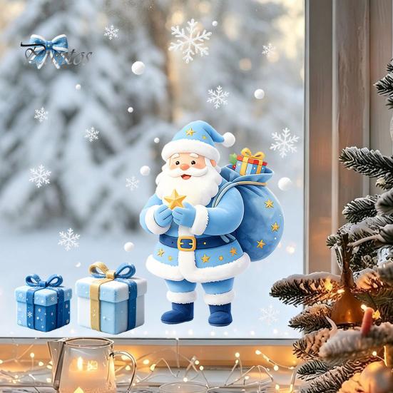 Blue And White Christmas Decor Tree/Santa Claus Window Clings, PVC Waterproof Static Glass Stickers, Clings Winter Wall Decals for Holiday Home Store