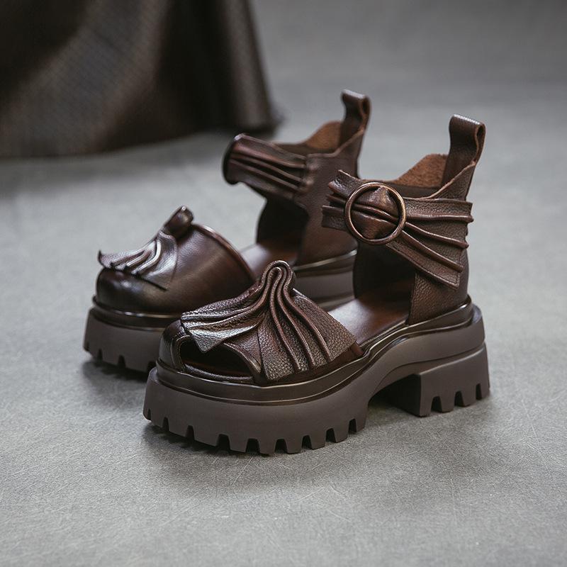 Johnature Genuine Leather Retro Pleated Thick Soled Sandals Comfortable And Breathable Women's Shoes