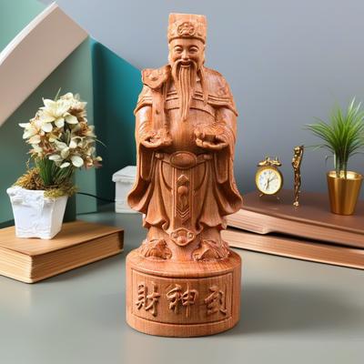 Wood Carving the God of Wealth Sculptures Figurines Chinese Mythological Figures Home Room Office Wealth Luck Feng Shui Decor