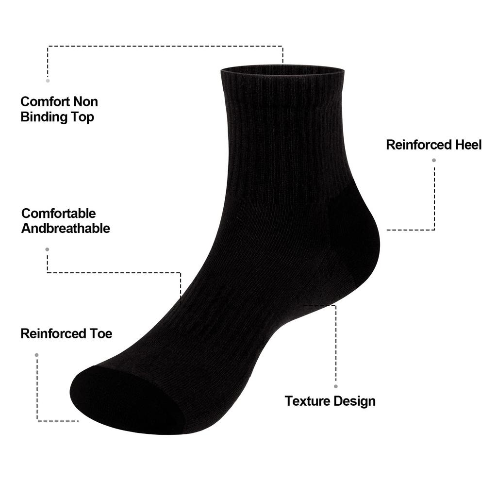 YUEDGE Black Athletic Socks for and Cushioned Cotton Quarter Socks for Commuting and Sizes Men's Golf, Tennis, Fitness, Training, Running.