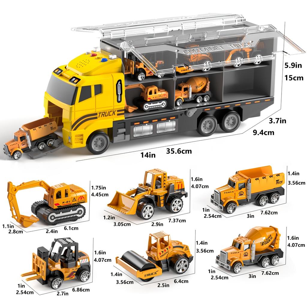 7-in-1Construction Truck Toy,Battery-Powered Carrier Vehicle Set with Crane,Dump Truck,Forklift,Wheelbarrow,Realistic Sound Moving Parts,with Play Mat