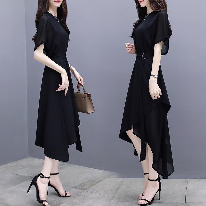 Summer Women's New Slim-fit Medium-length Dress Short-sleeved Irregular Temperament Socialite Black Chiffon Dress Women