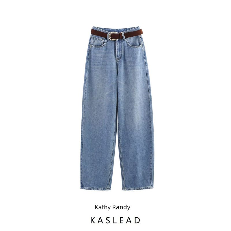Kaslead New Arrival Women's Clothing Fashion Style Fashion Minimalist with Belt High Waist Wide Leg Denim 6147067