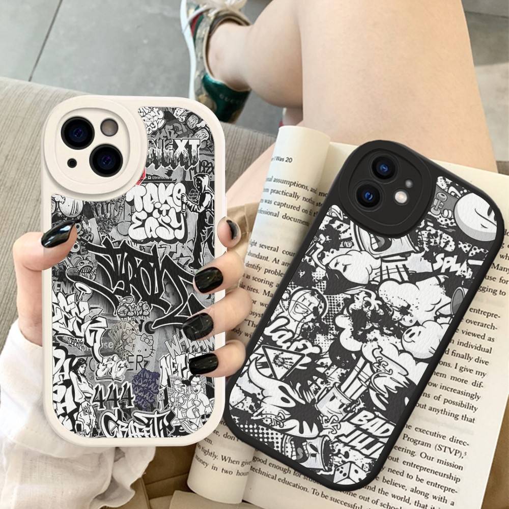 Coole Schwarze Graffiti Handyhülle Hartleder Für iPhone 16 15 14 13 12 Mini 11 14 Pro Max Xs X Xr 7 8 Plus Fundas