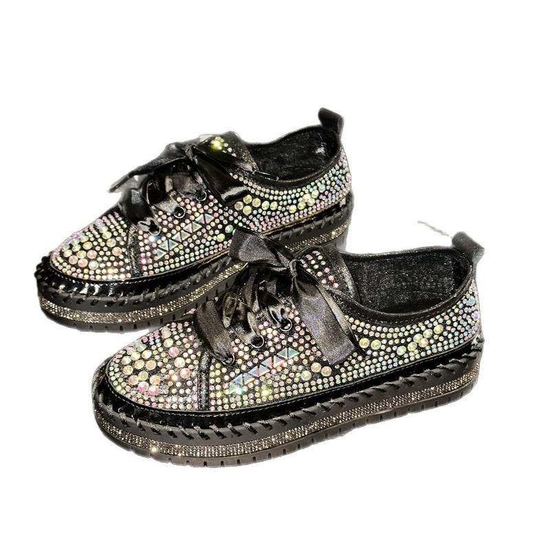 Spring and Summer Hand-sewn Casual Board Shoes Women's New Diamond-encrusted Single Shoes Platform Sequined Muffin Lace-up Women's Shoes