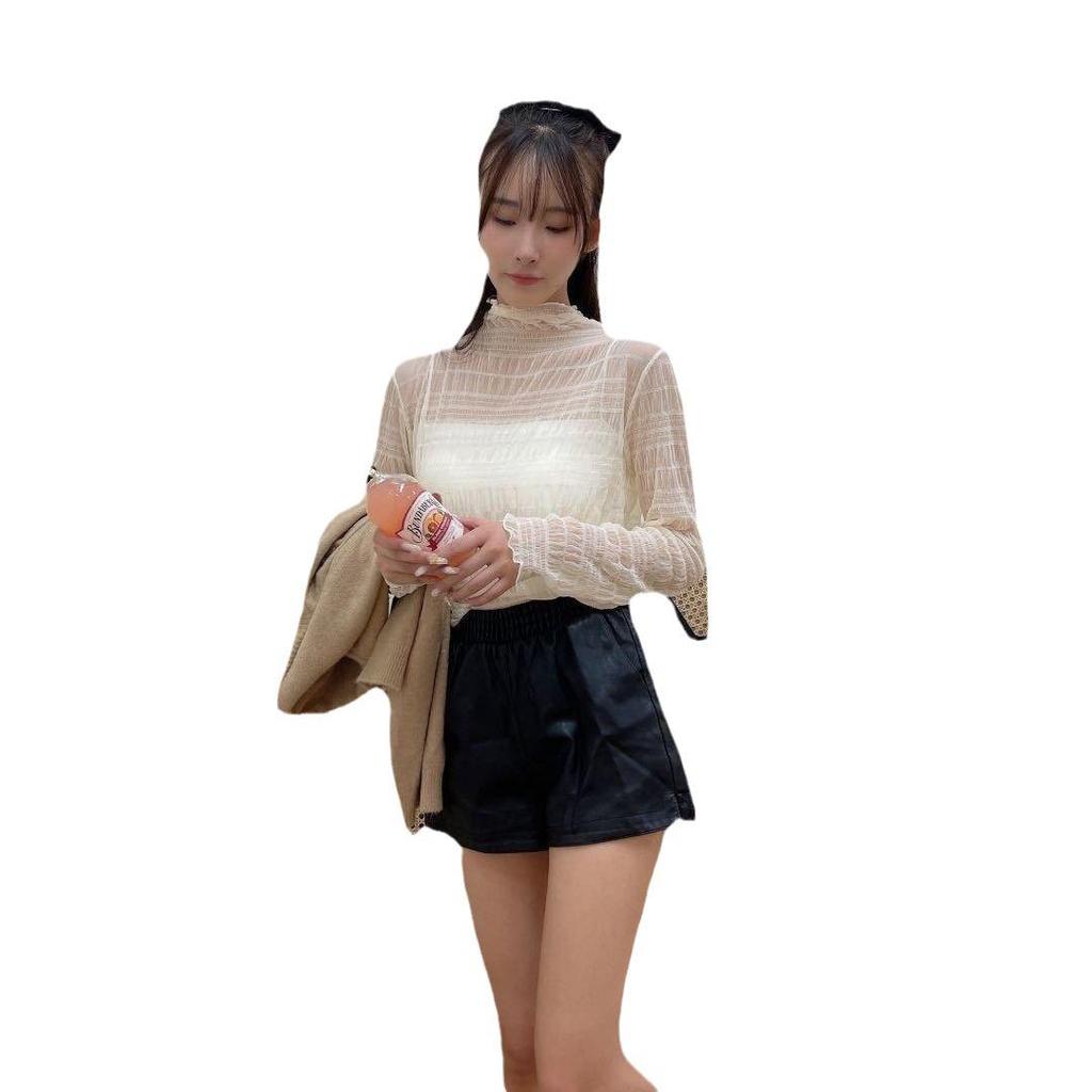 Elegant Lace Base Chiffon Shirt - Women's Autumn High-End Solid Color Top with Semi-High Collar Design