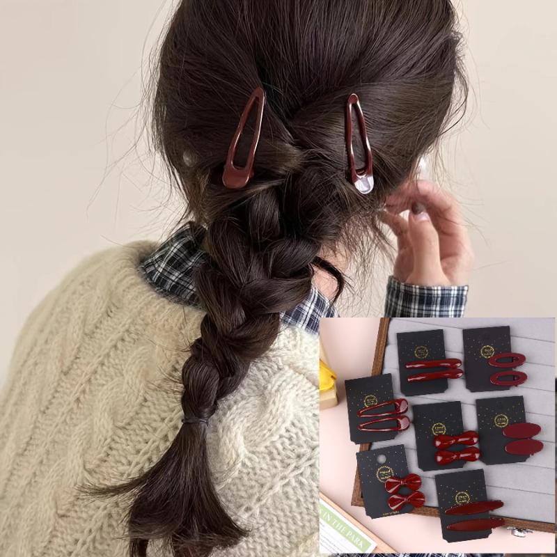 1Pairs New Year Festival Atmosphere Head Clip Wine Red Bow Bang Clip Duckbill Clip Sweet Retro High Quality Hair Accessories