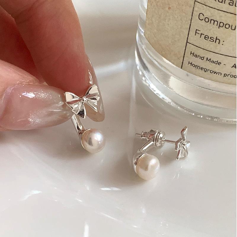 PANJBJ 925 Silver Bow Knot Earring for Women Texture Tassels Sweet Romantic Korean Jewelry Gift