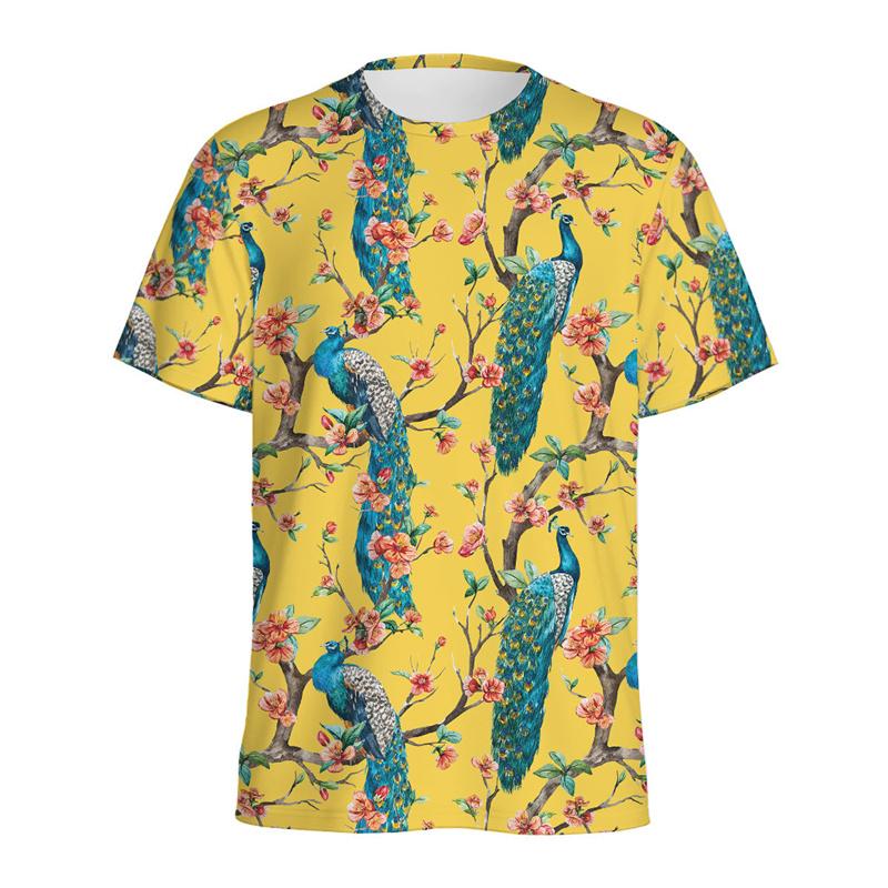 Boho Peacock Feather Pattern T-shirt For Men Vintage Crew Neck Short Sleeves 3D Printed T Shirts Women Summer Street Tees Tops