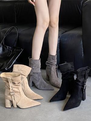 Spitze dicker Absatz High Heel Martin Stiefel Damen 2025 Herbst und Winter neue französische sexy dünne Stiefel kurze Stiefel mittelhohe Stiefel Stacking Stiefel
