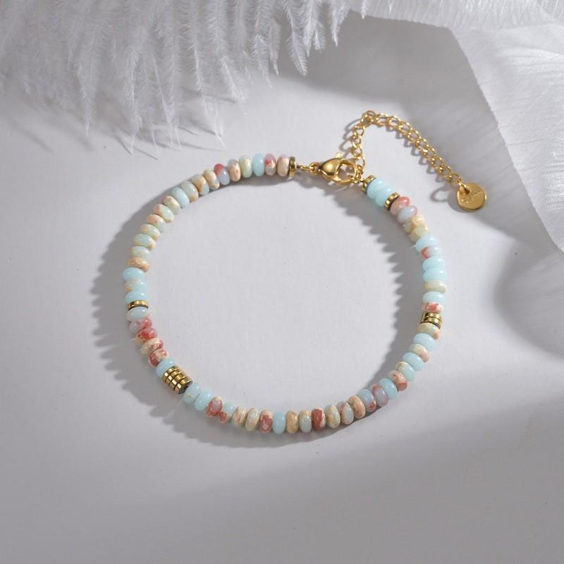 Boho Style Beaded Bracelet Women In Pastel Colors Titanium Steel Geometric Design Minimalist Office Jewelry Light Blue
