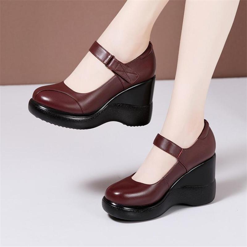 Scarpe Donna in Vera Pelle Scarpe con Plateau da Donna Scarpe Zeppa Punta Tonda da Donna Moda Comfort Morbida Pelle di Mucca Scarpe per Mamma 32-43