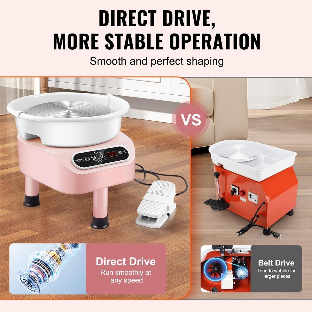 Pottery Wheel 10in Ceramic Wheel Foot Pedal Touch Screen 350W 3 Legs Pink