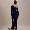 European and American Sloping Collar Long Sleeved Fashionable Temperament Solid Color Pleated High Waisted Long Dress