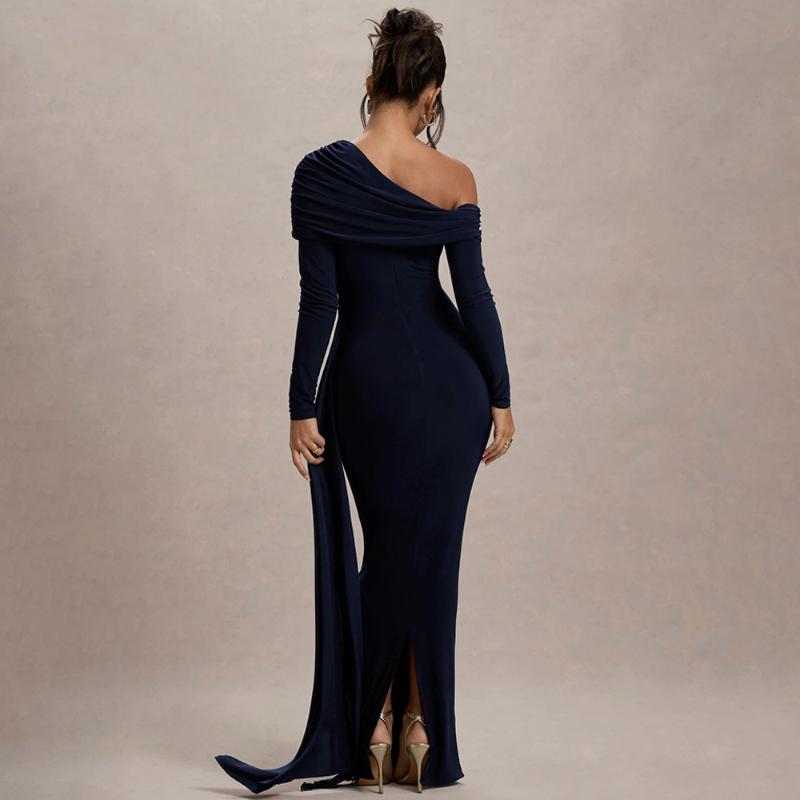 European and American sloping collar long sleeved fashionable temperament solid color pleated high waisted long dress