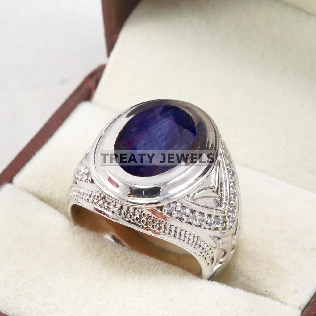 Erkekler İçin 925 Ayar Gümüş Yüzük Üzerinde Mavi Safir Oval Kesim Değerli Taş #B614 JL375686507949