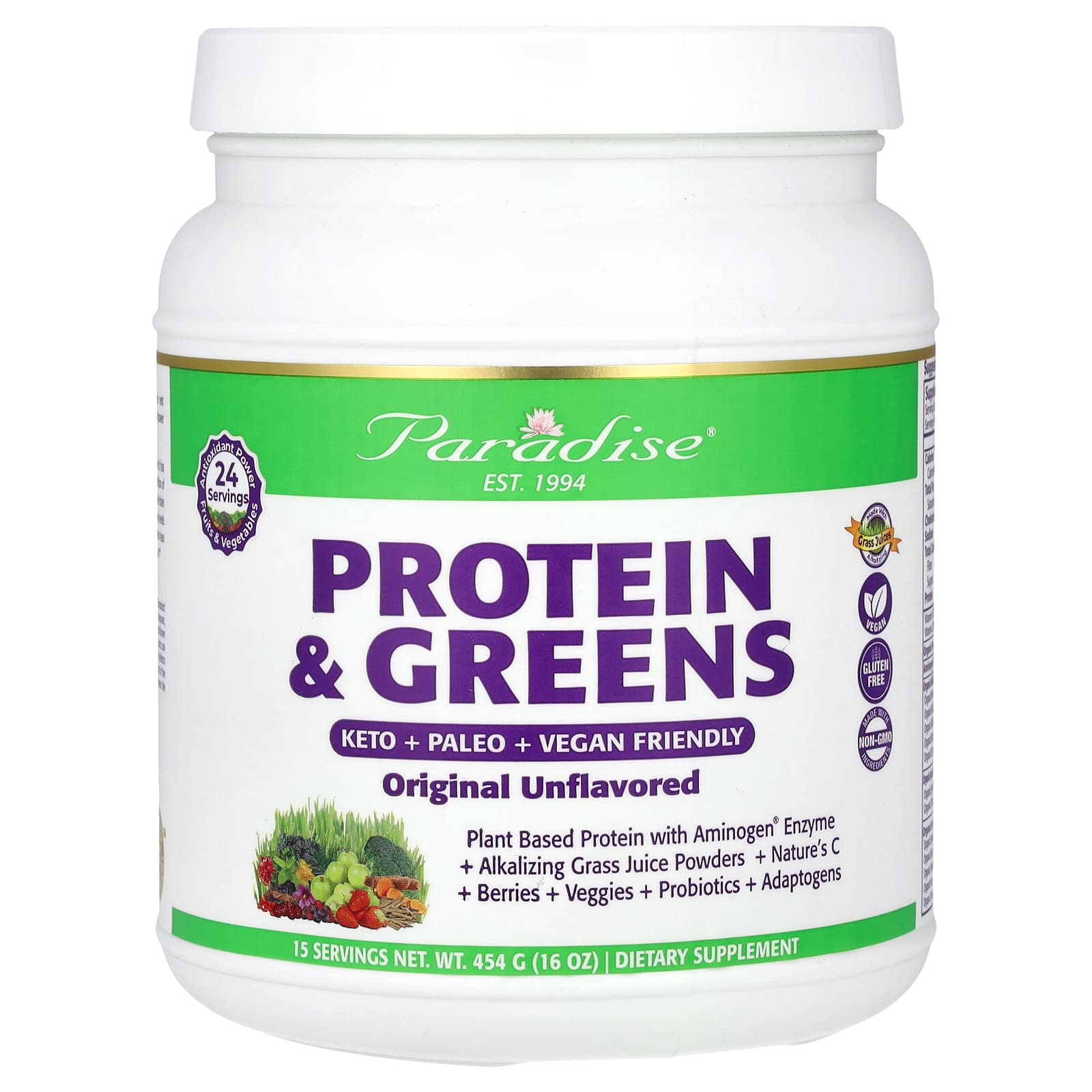 

Paradise Herbs, Protein & Veggies, Original Unflavored, 16 oz (454 g)