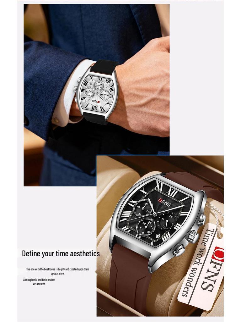 OFNS Men's Barrel-Shaped Waterproof Quartz Watch - Multifunctional Calendar with Three-Eye, Six-Hand Design, Casual Style.