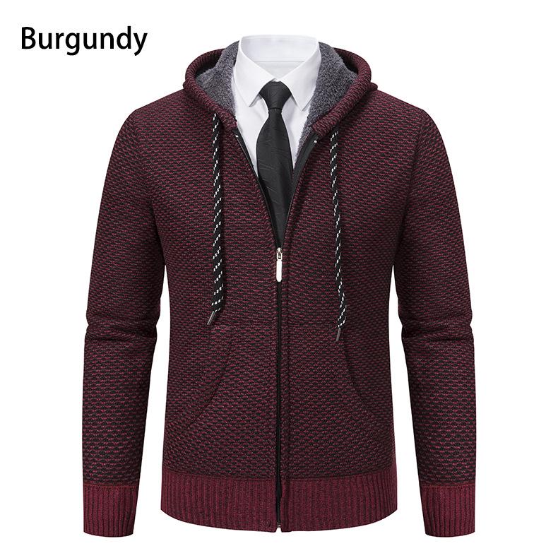 Men's Hooded Fleece-Lined Knitted Cardigan - Thick, Plus Size, Autumn/Winter 2023 Collection.