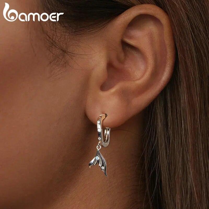 BAMOER 925 Sterling Silver Hoop Earrings for Women, Dainty Gold Plated Earring Hypoallergenic Fish Tail Earring Gift