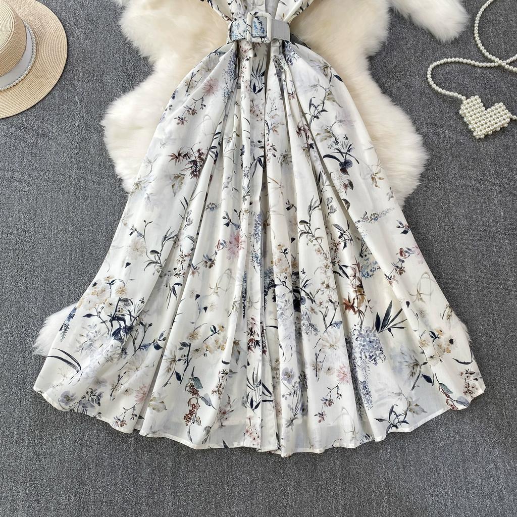 Sommer Damen Casual Kurzarm Umlegekragen Einreiher Lang Midi Print Partykleider mit Gürtel