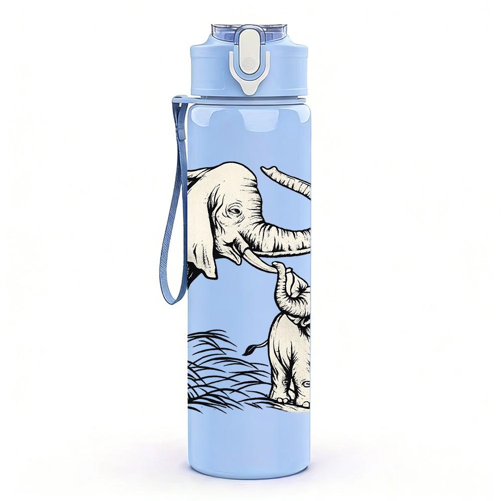 1PC Elephant Baby Calf Family Print 750ml Color Plastic Sports Water Bottle Leakproof Flip Straw Lid Suitable for Sports Office Home Use